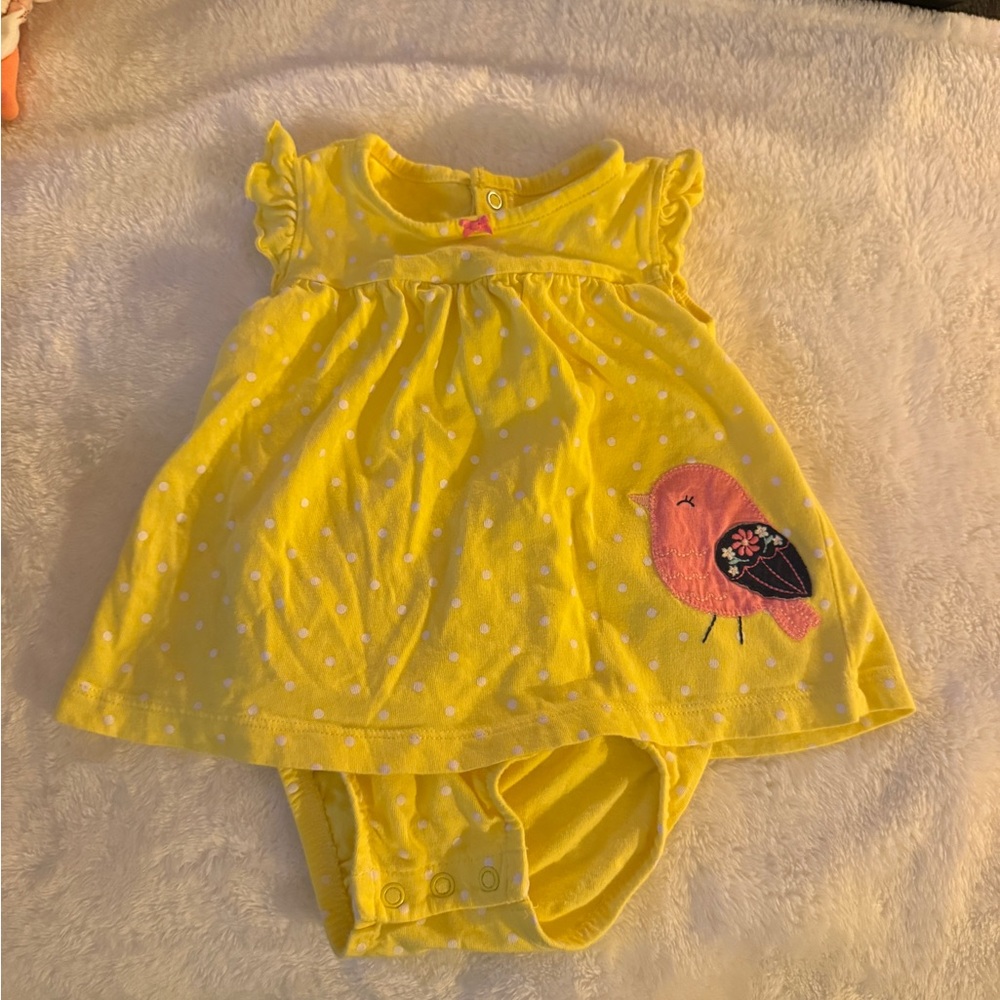 Yellow Polka Dot Kids Dress with Bird Design